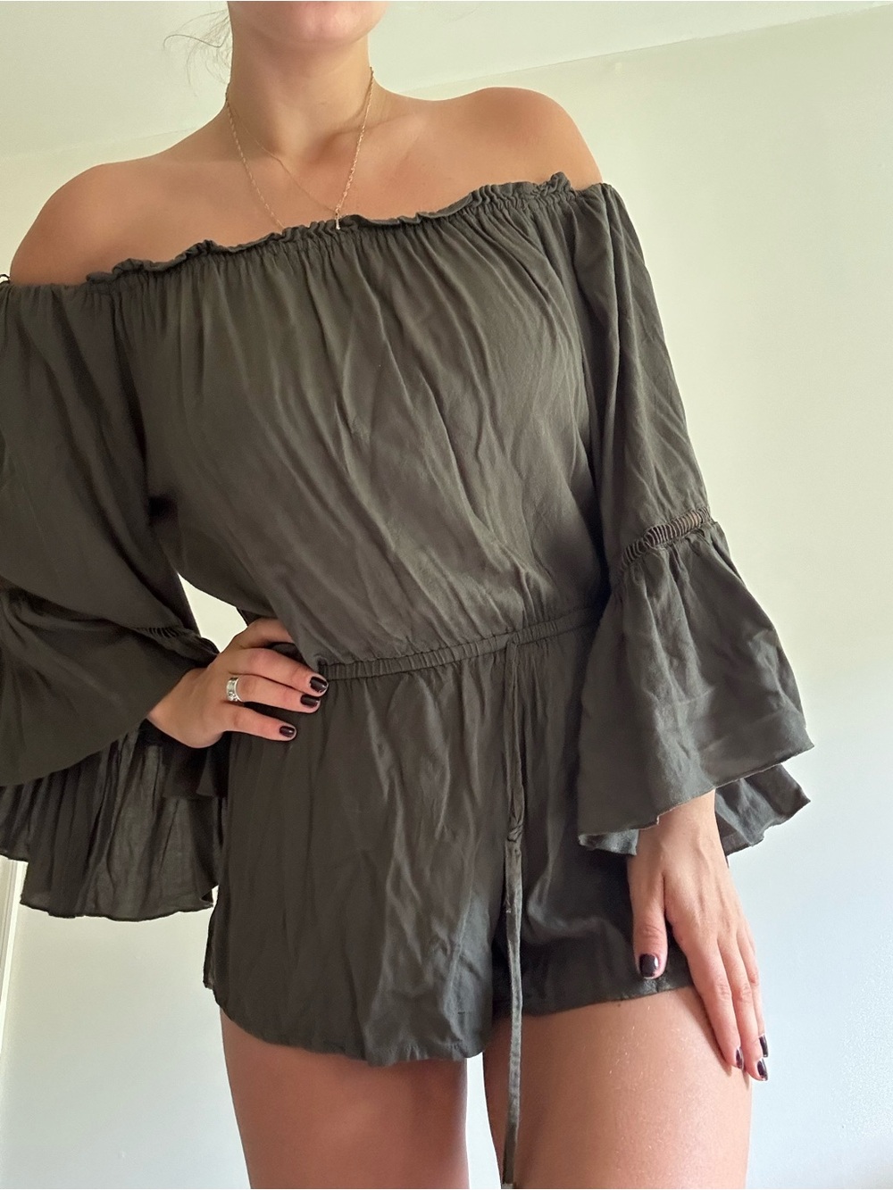 Elan Off-Shoulder Olive Green Bell-Sleeve Romper
